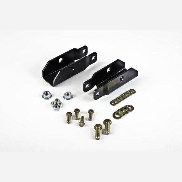 Belltech 6656 black powder-coated steel shock extension brackets and Grade 8 mounting bolts for Ford F-150.