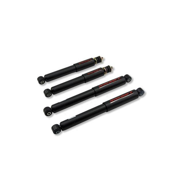 Belltech Nitro Drop 2 twin-tube shock absorber set with steel dust covers and vulcanized rubber bushings.