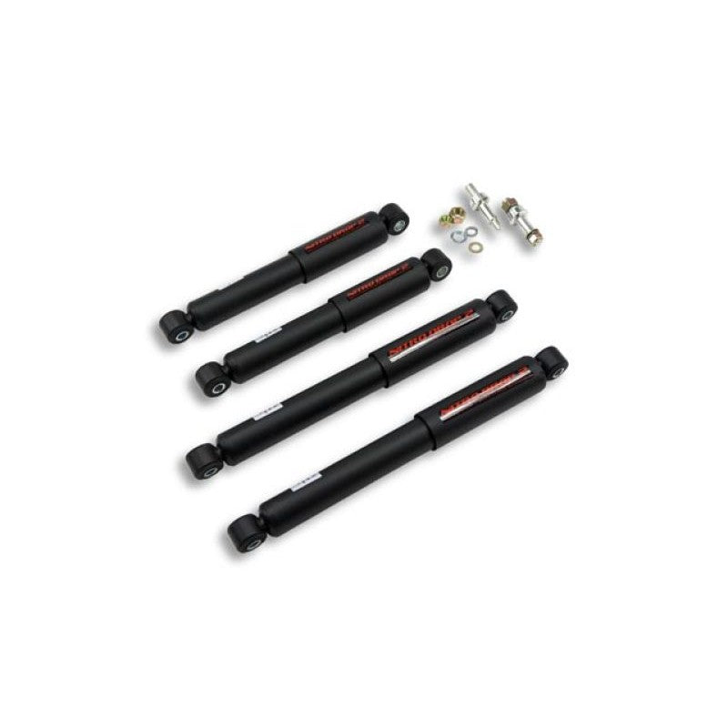 Belltech Nitro Drop 2 shock absorber set featuring black 55mm twin-tube bodies and steel dust covers.