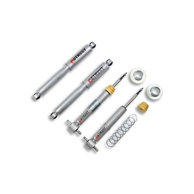 Belltech Street Performance twin-tube lowering shocks with steel dust covers and vulcanized rubber bushings.