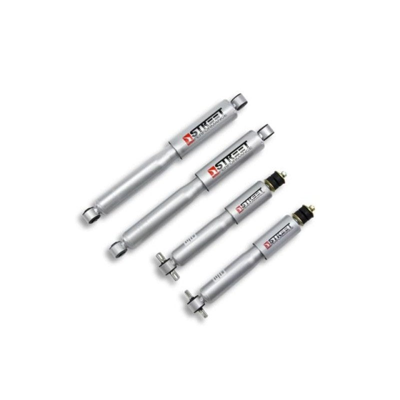 Belltech Street Performance twin-tube lowering shock set with steel dust covers and vulcanized rubber bushings.