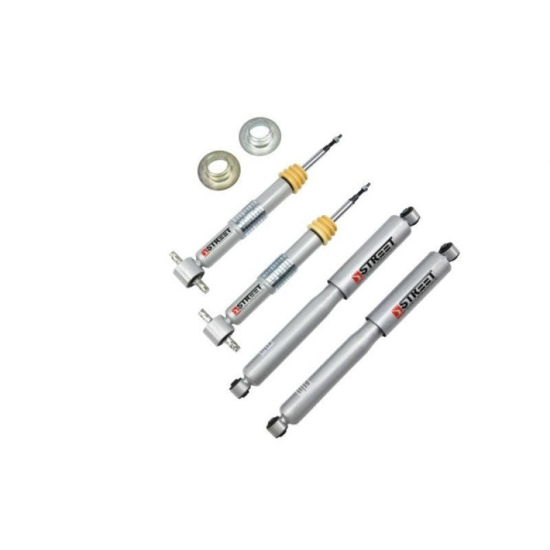 Belltech Street Performance 9504 lowering shocks with twin-tube design, steel dust covers, and rubber bushings.