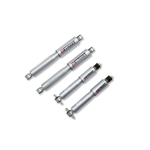 Belltech Street Performance twin-tube lowering shocks with steel dust covers and vulcanized rubber bushings.