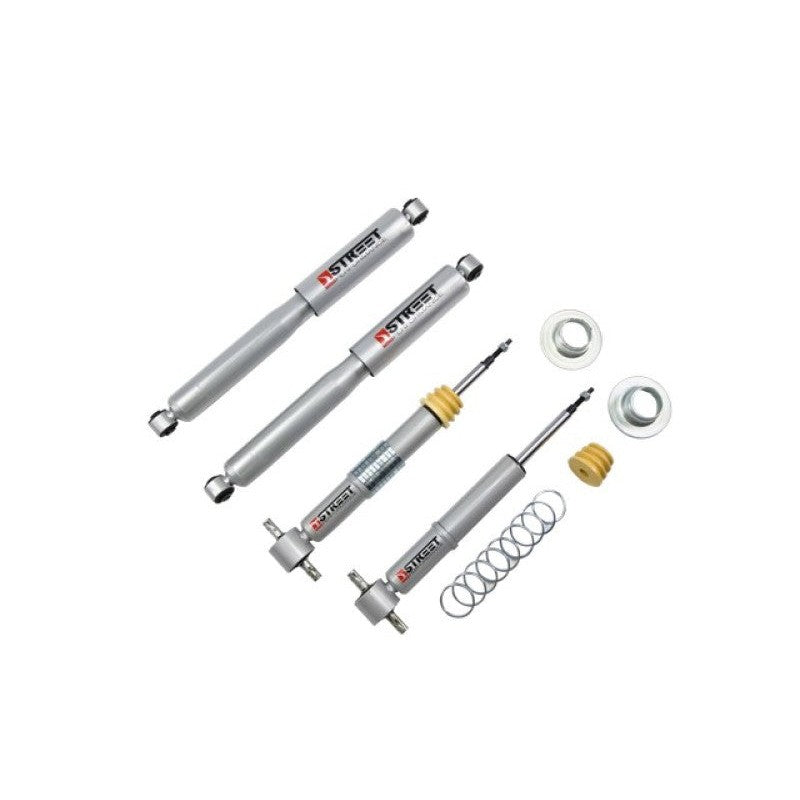Belltech Street Performance twin-tube lowering shock absorbers with silver finish and black rubber bushings.