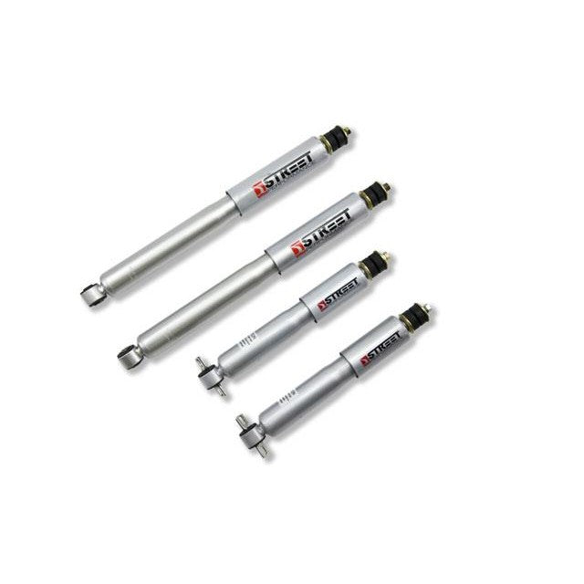 Belltech Street Performance twin-tube lowering shocks with silver finish and black vulcanized rubber bushings.