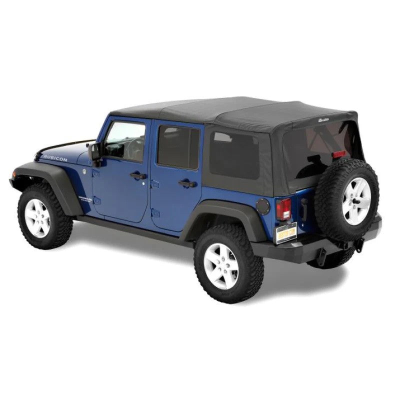 Bestop Supertop soft top in Black Diamond with tinted windows and hardware for a 4-door Jeep Wrangler JK.