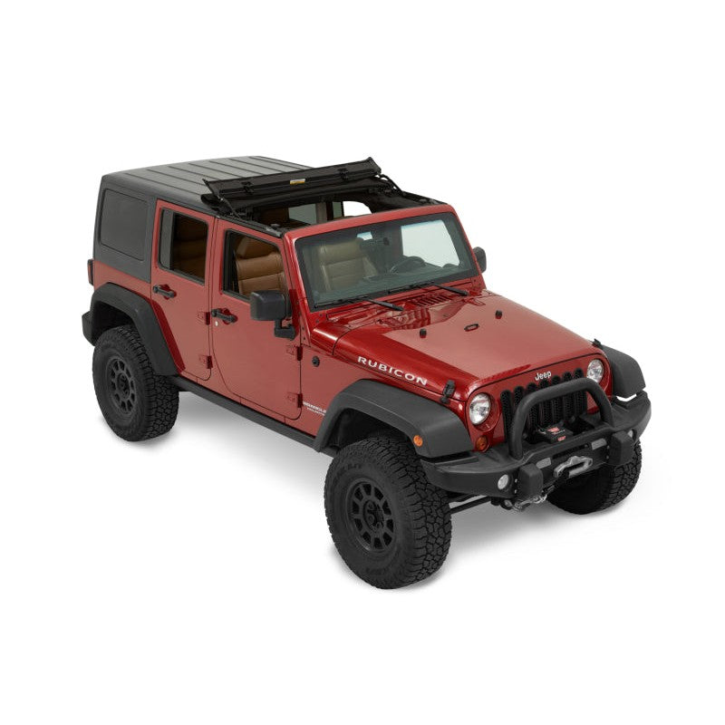 Bestop Sunrider for Hardtop in Premium Black Twill fabric installed on a Jeep Wrangler JK with the top flipped open.