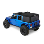 Bestop Supertop soft top in Premium Black Twill fabric installed on a 4-door Jeep Wrangler JL.