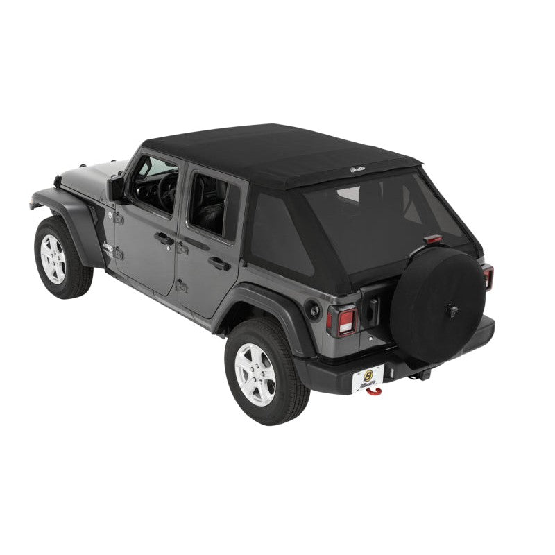 Bestop Trektop fastback soft top in Premium Black Twill on a 2018-2025 Jeep Wrangler JL 4-Door.