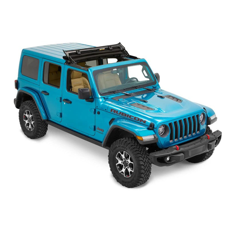 Bestop Sunrider For Hardtop in Premium Black Twill installed on a Jeep Wrangler JL replacing factory Freedom Panels.