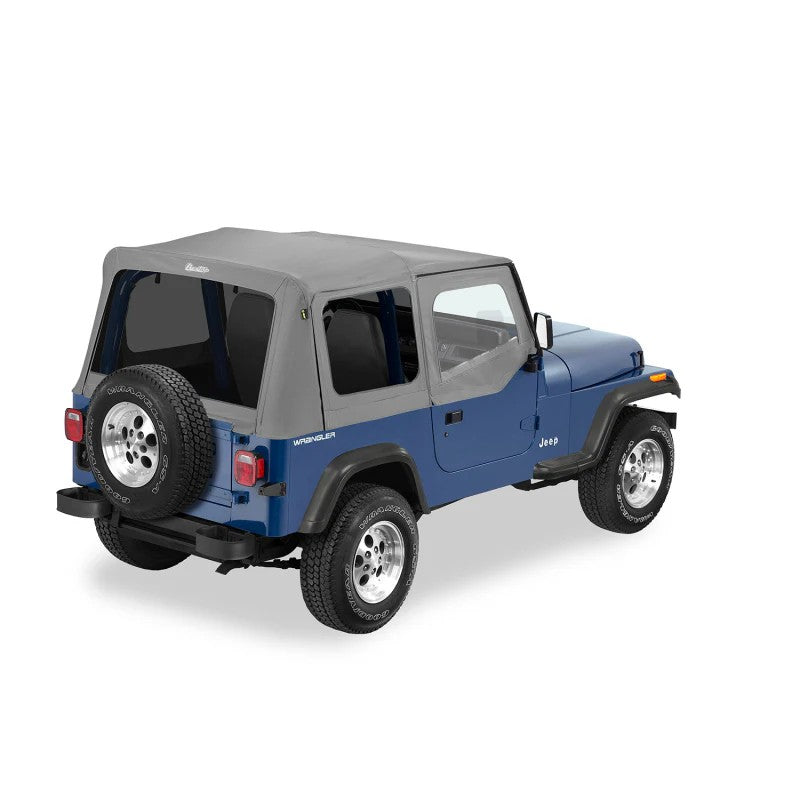 Bestop Replace-A-Top soft top in charcoal with gray tinted windows and door skins for 1988-1995 Jeep Wrangler YJ.