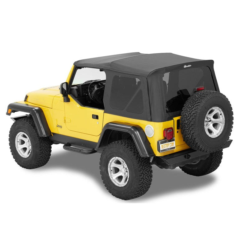 Bestop Supertop NX soft top in Black Diamond fabric with Sunrider panel open on a Jeep Wrangler TJ