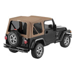Bestop Supertop NX spice-colored soft top with Sunrider flip-back panel installed on a Jeep Wrangler TJ.