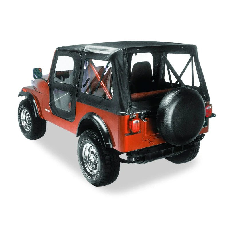 Bestop Replace-A-Top in Black Crush with clear windows and door skins installed on a 1976-1983 Jeep CJ5.