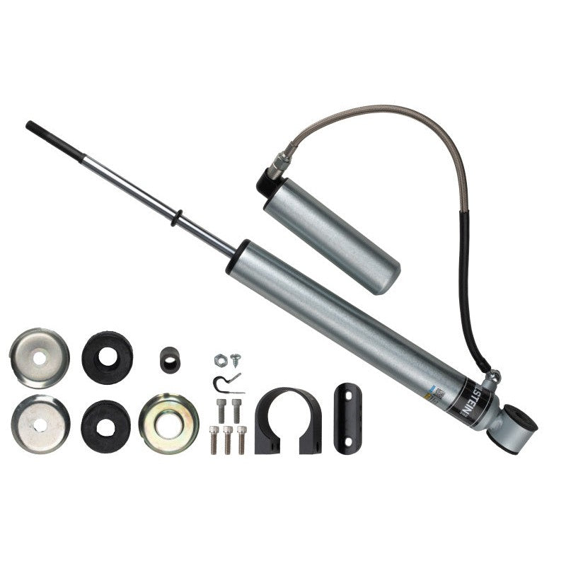 Bilstein B8 5160 front right remote reservoir shock absorber with swivel banjo hose and billet mounting bracket.