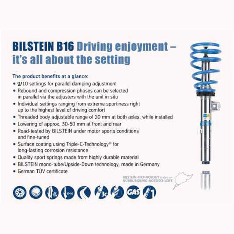 Bilstein B16 PSS10 coilover suspension system featuring threaded monotube dampers and blue performance lowering springs.