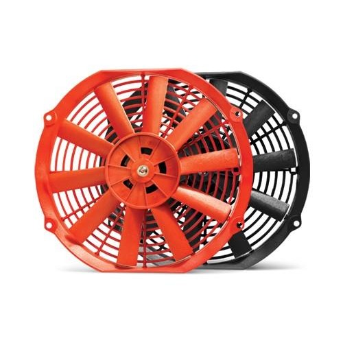 Red BLOX Racing 10-inch electric slim cooling fan with low-profile housing and multi-blade design