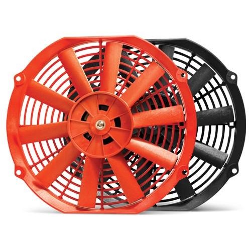 12-inch BLOX Racing electric slim cooling fan with red housing and black blades