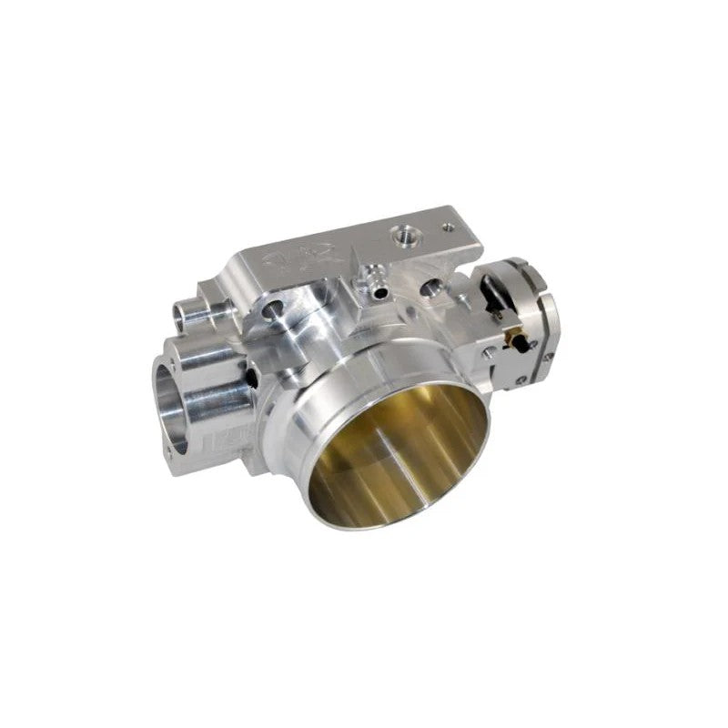 Raw finish BLOX Racing 70mm billet aluminum throttle body showing the butterfly valve and mounting flange.