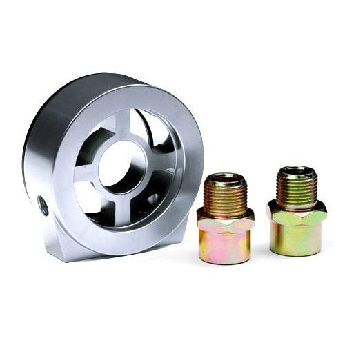 Silver BLOX Racing oil filter sandwich block adapter with ports for oil pressure and temperature sensors