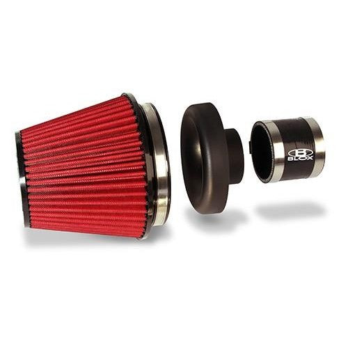 BLOX Racing performance air filter with black 3.5-inch composite velocity stack and black silicone hose coupler.
