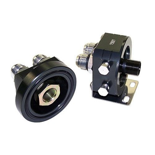 Black anodized BLOX Racing remote oil filter relocation kit including adapter block and filter mount hardware.