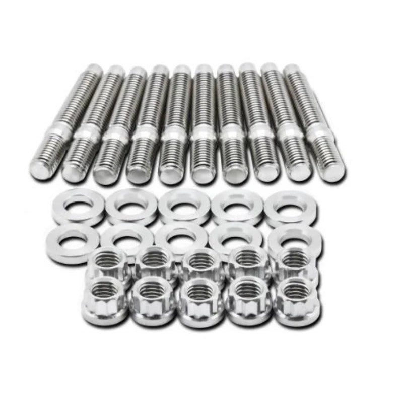 Eight BLOX Racing SUS303 stainless steel intake manifold studs with matching nuts and washers.