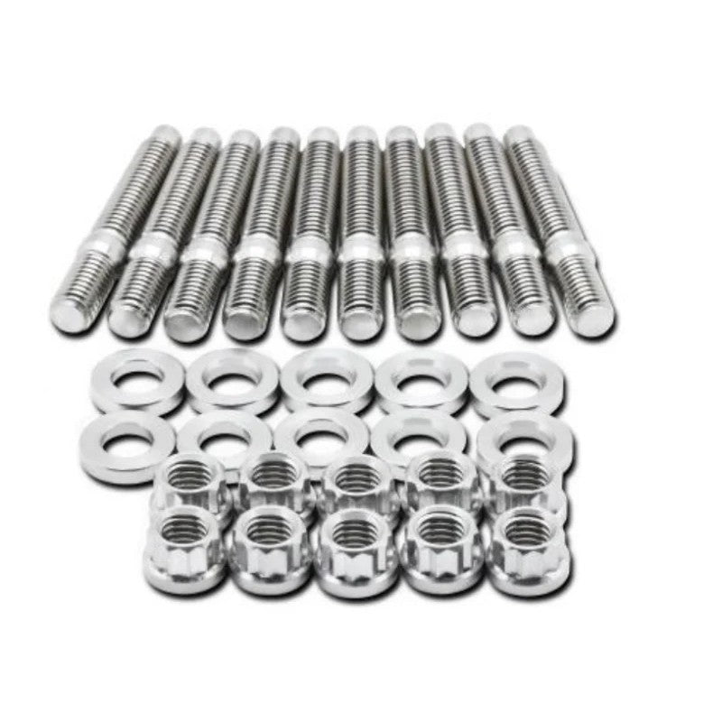 Set of nine BLOX Racing SUS303 stainless steel intake manifold studs and nuts, M8 x 1.25mm thread and 55mm length.