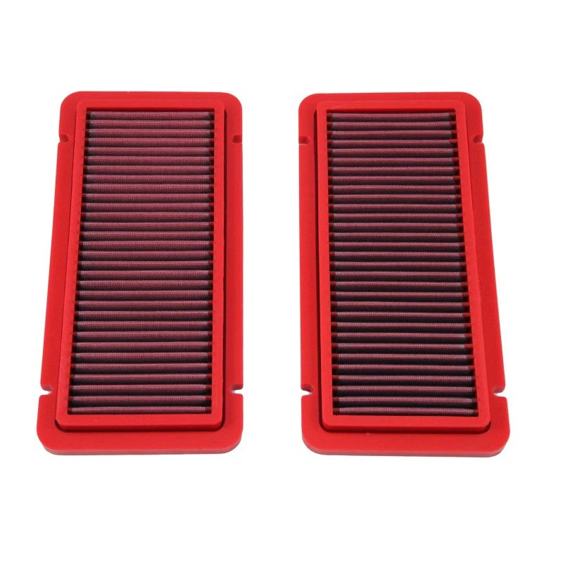 A pair of red-framed BMC high-performance panel air filters with cotton gauze media for Lamborghini Gallardo V10.