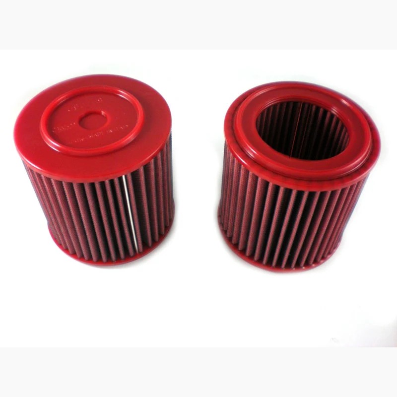 BMC cylindrical replacement air filter kit with red trim and cotton gauze media for 2004-2008 Aston Martin DB9 V12.