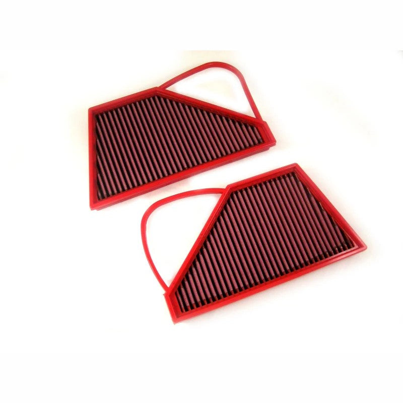 A pair of BMC red-framed high-performance panel air filters with oiled cotton media for Bentley Continental Flying Spur.