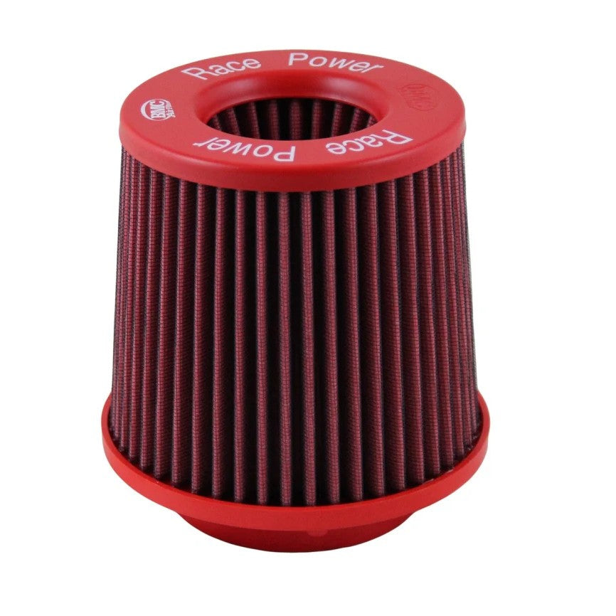BMC cylindrical replacement air filter with red molded rubber housing and pleated cotton filtration media.