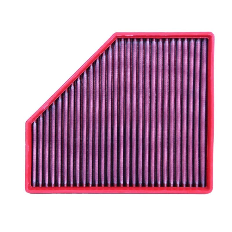 BMC FB01054 replacement panel air filter featuring red polyurethane frame and cotton gauze media.