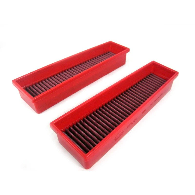 A pair of red-framed BMC high-performance cotton gauze panel air filters for BMW X5 M E70 4.4L V8