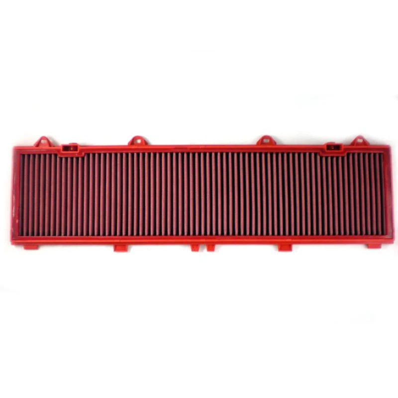 BMC FB593/04 replacement panel air filter featuring a red polyurethane frame and pleated cotton gauze filtration media.