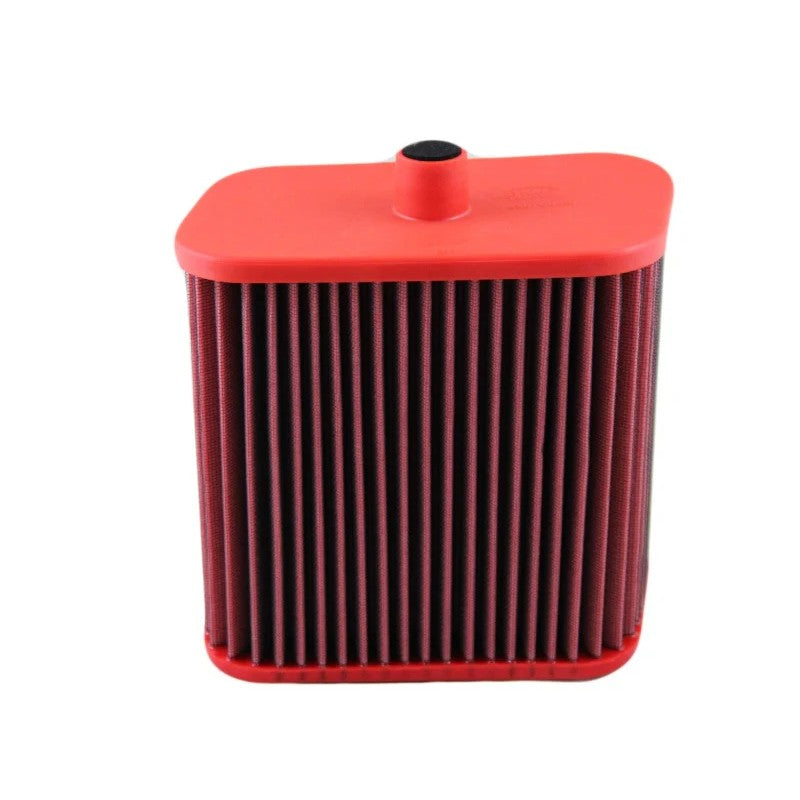 Cylindrical BMC performance air filter with black mounting frame for 2010 BMW M3 V8 engine