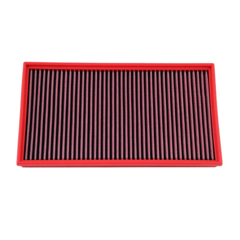 BMC red rectangular panel air filter with multi-layer cotton gauze and epoxy-coated alloy mesh.