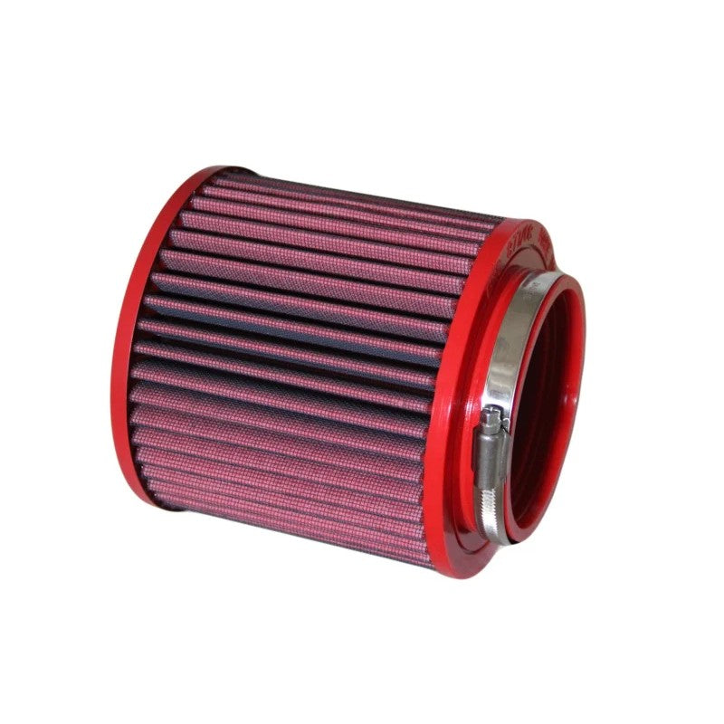 BMC FB877/08 cylindrical air filter with red polyurethane frame and pleated cotton gauze media.