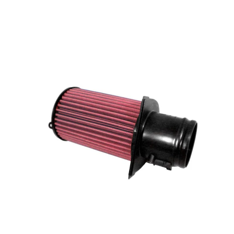 A pair of red BMC cylindrical performance air filters with black polyurethane frames for Audi R8 V10