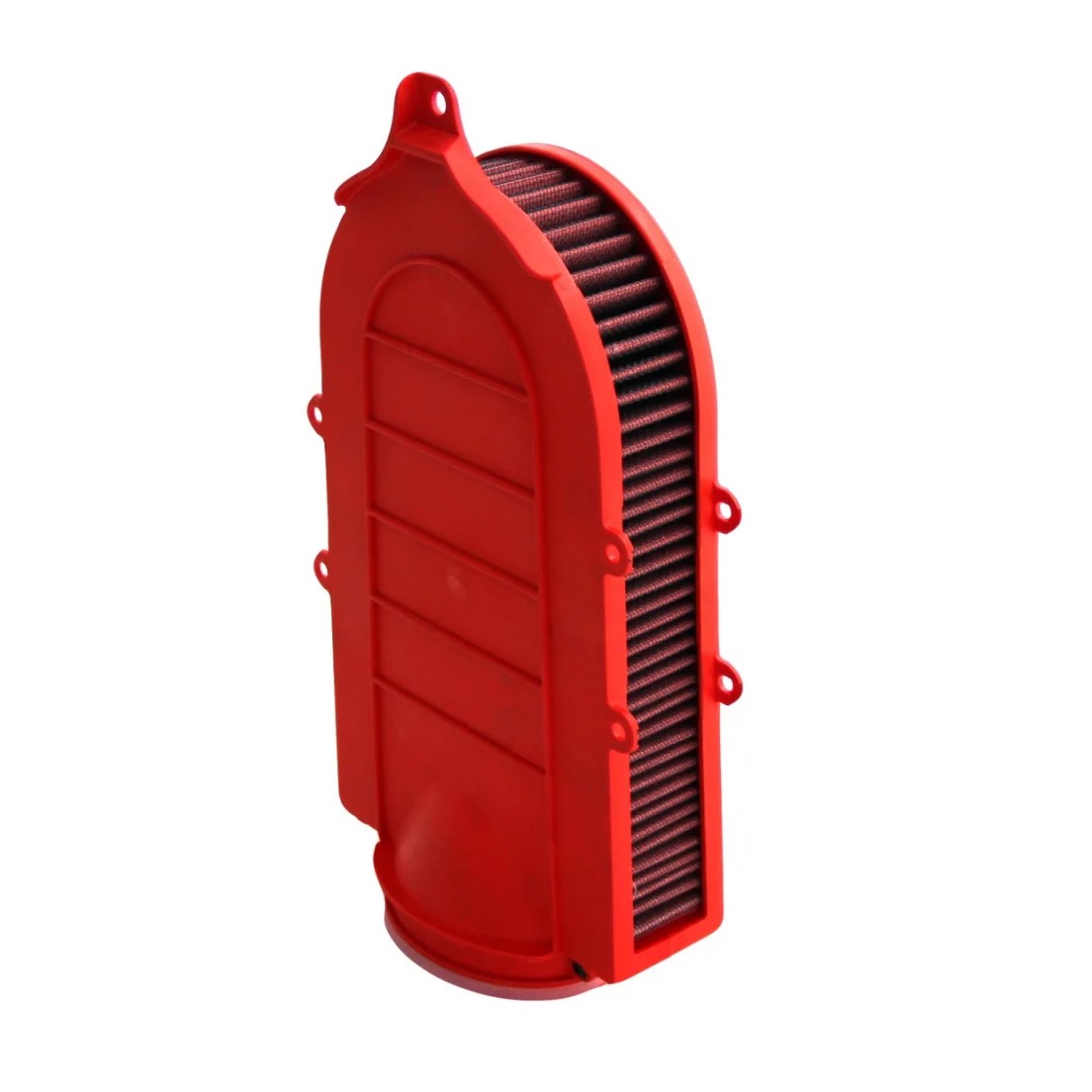 A pair of BMC red performance panel air filters with pleated cotton media and epoxy-coated mesh.