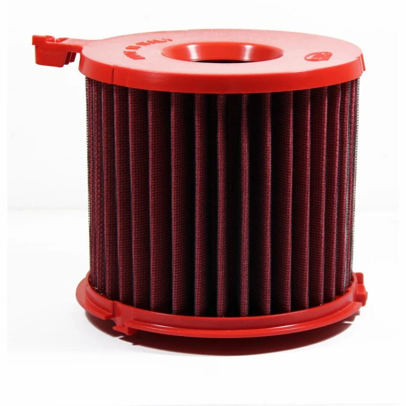 BMC FB960/04 cylindrical air filter with red polyurethane molding and multi-layer cotton gauze media.