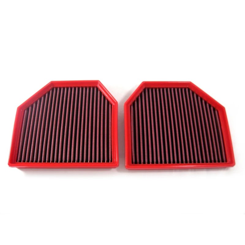 BMC FB647/20 high-flow cotton gauze replacement panel air filters with red rubber frames for BMW F80 M3 CS.