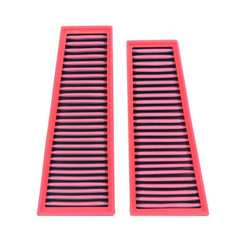 BMC FB981/20 high-flow oiled cotton gauze panel air filter with a red polyurethane frame.