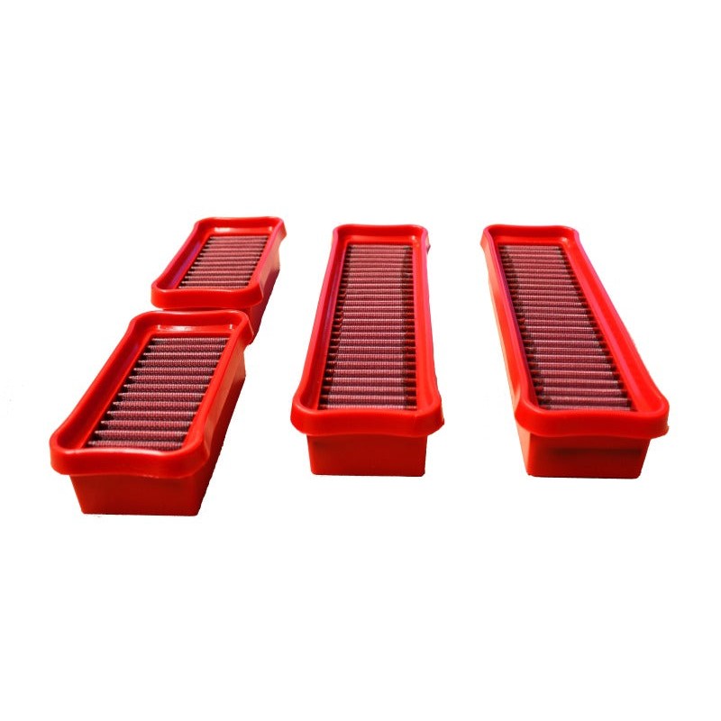 A pair of red BMC high-performance panel air filters for BMW F97 X3 M and F98 X4 M models.