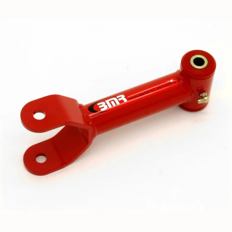 Red powdercoated BMR non-adjustable upper control arm with black polyurethane bushings for 2005-2010 Ford Mustang.