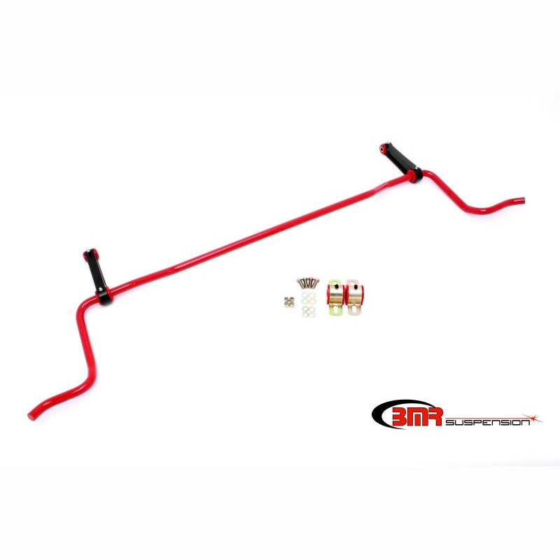 BMR red powdercoated 22mm solid rear sway bar with billet aluminum end links and red polyurethane bushings.