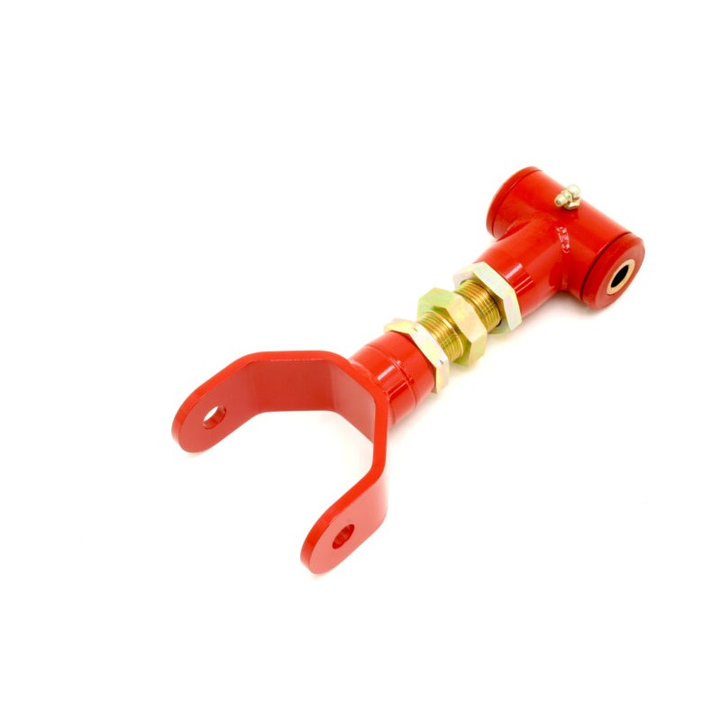Red BMR on-car adjustable upper control arm with polyurethane bushings and zinc-plated adjuster for S197 Mustang.