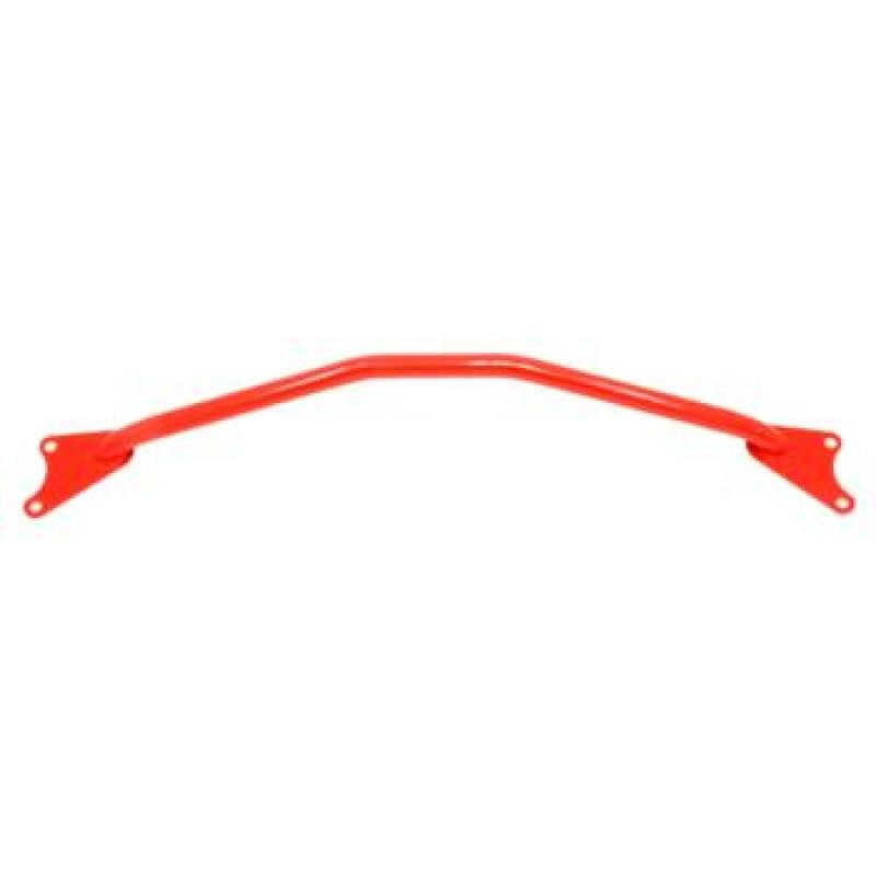 Red powder-coated BMR Suspension front strut tower brace for 2005-2010 Ford Mustang V6