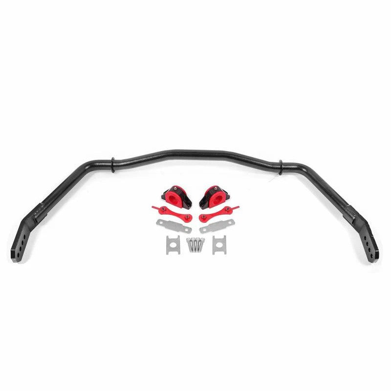 BMR Hammertone Black 38mm hollow front sway bar with polyurethane bushings and mounting hardware for S197 Mustang.