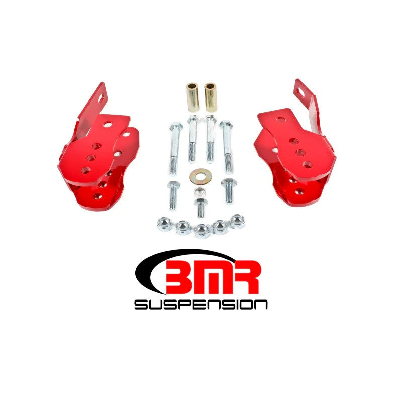 Red BMR Suspension bolt-on lower control arm relocation brackets for 2005-2014 Ford Mustang S197.